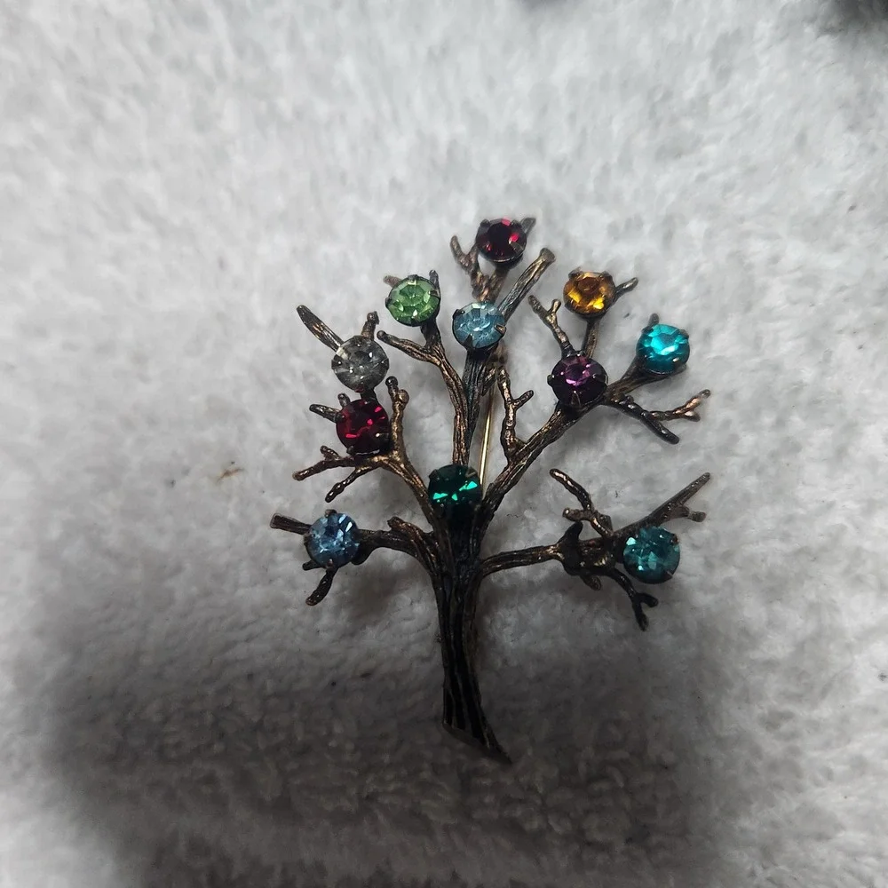 Vintage Sterling Silver Tree of Life Brooch Multi Color Rhinestone Pin‎